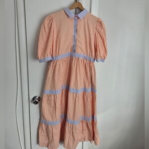 Gretchen Scott Orange Blue Gingham Plaid Puff Sleeve Tiered Maxi Dress Sz Large
